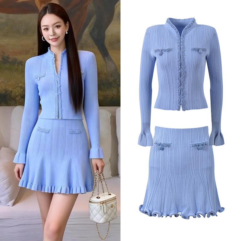 2025 Autumn/Winter New Style: Beaded Collar Slim-Fit Blue Long-Sleeve Cardigan with Ruffled Hem Skirt Set