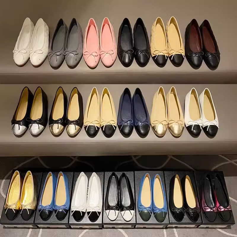 Women's Bow-Tie Shallow Mouth Flat Shoes 2025 New High-Quality Single Shoes Round Toe Ballet Shoes Chanel-Style Genuine Leather Color-Blocking