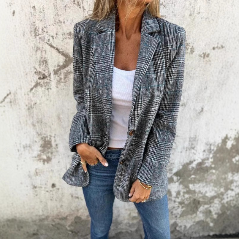 Saco Blazer con Estampado Pata de Gallo de Poliéster con Solapa para Otoño e Invierno