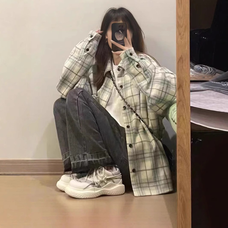 Plaid Shirt New Spring and Autumn Casual Green Shirt Jacket All-match Long-sleeved Top Design Sense Niche Slim