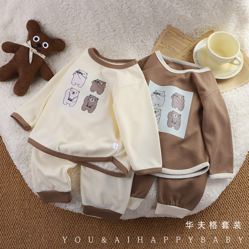 Korean Style Children's suit Cartoon Casual Wafflour suit Baby Spring and Autumn Loose Sports Western Style Two-piece Set