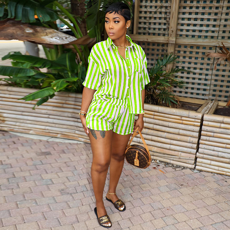 JH5963 European And American Women's Independent Station Summer Fashion Striped Print Loose Shirt Two-Piece Set_ecoleips.com