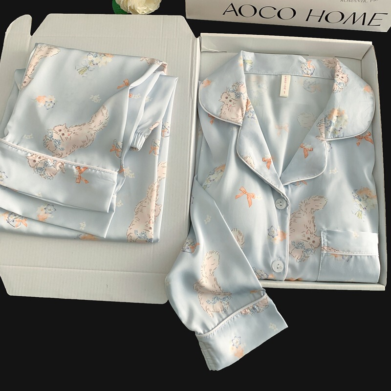 High-End Blue Cat Print Long-Sleeve Long-Pants Ice Silk Pajamas with Chest Pads for Women, Spring and Autumn 2025 New Model High-End Blue Cat Print Long-Sleeve Long-Pants Ice Silk Pajamas with Chest Pads for Women, Spring and Autumn 2025 New Model
