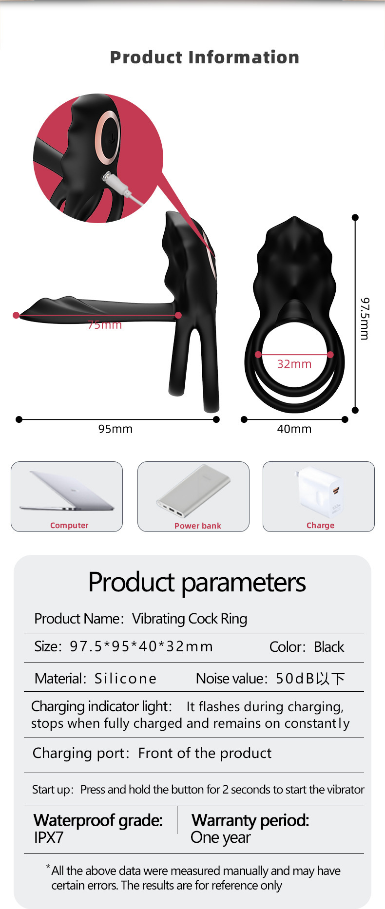 Wireless Remote Control Vibrating Double Ring with Prostate Massager, Silicone Delay Cock Ring — detail image 1