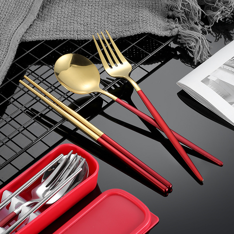 Stainless Steel Portable Tableware Fork Spoon Chopsticks Three-piece Set Portuguese Set Student Tableware Gift Set