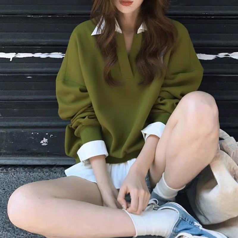 早秋小个子韩系上衣美式复古慵懒chic多巴胺绿色V领假两件卫衣女|undefined