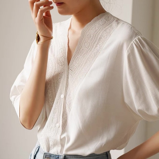 SHALLOW STREAM French Style Lace V-neck Commuter Career Interview Short Sleeve White Shirt Women's Summer Top