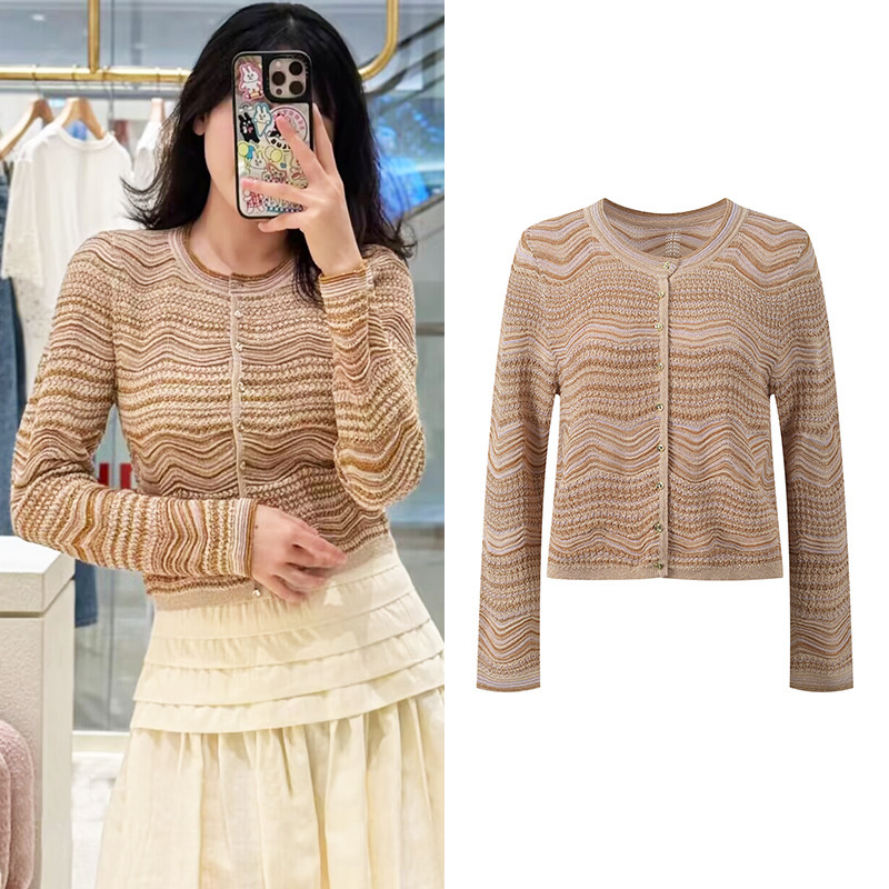 2026 Summer New Style French Fashion Simple Wavy Striped Round Neck Long-Sleeved Slim Knitted Cardigan Top