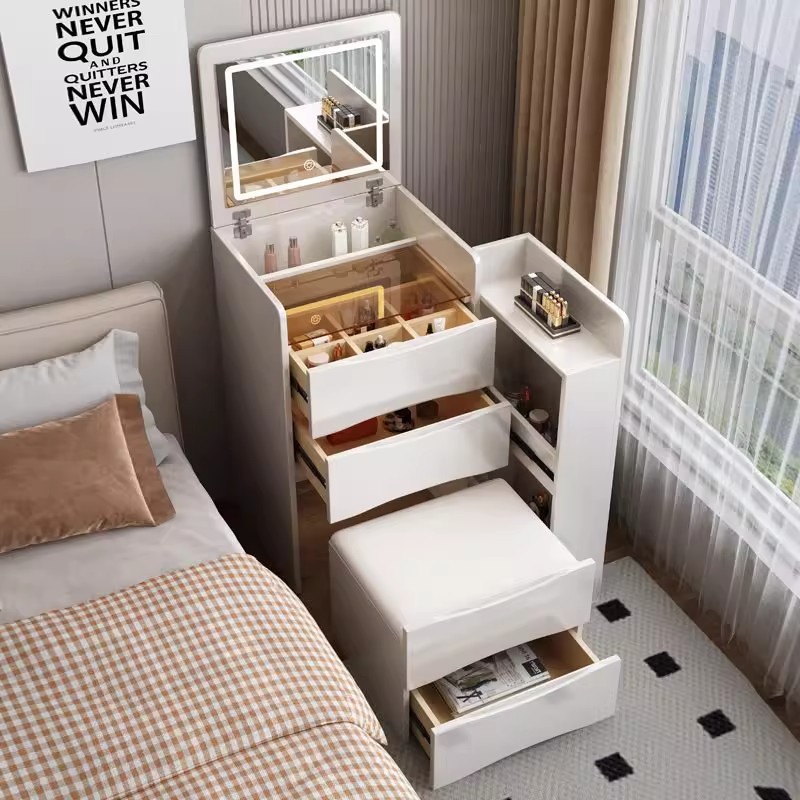 Comedor de tocador dormitorio moderno simple pequeño viento de crema nuevo tipo plegable con lámpara mesa de maquillaje gabinete de almacenamiento en uno