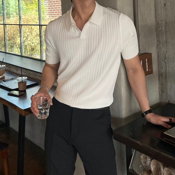Summer Striped Short-sleeved POLO Sugiyama Men's Korean-style Slim-fit Lel Solid Color Casual Thin Half-sleeved Fashionable Knitted Top