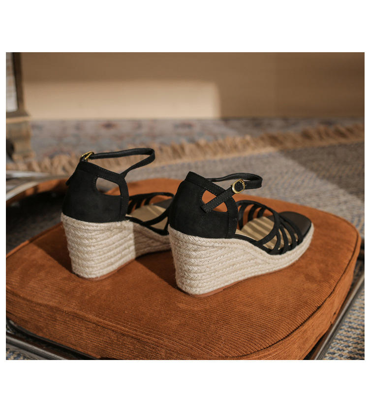 Sandal cao gót nữ hở mũi đế xuồng bọc dây thừng gót 9 cm — màu đen chi tiết 24