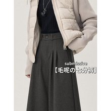 深灰色毛呢阔腿裤女秋冬高腰直筒八分西装裤小个子宽松慵懒休闲裤