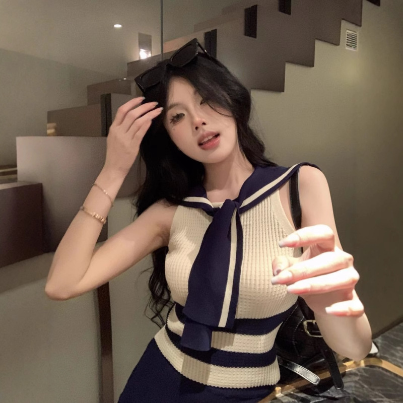 Sweet Hot Girl Knitted Camisole Women's Summer New Slim Sexy College Style Navy Collar Top Pure Lust Style