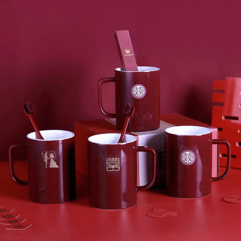 Taza de enjuague de boda, un par de tazas de cepillo de dientes de boda rojas, tazas de cepillo de dientes de boda, set de tazas de dientes de boda