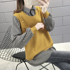 2025 新しい偽ツーピース女性のシャツ襟秋ルーズ韓国スタイルアウターウェアニットセーターベースセータージャケット