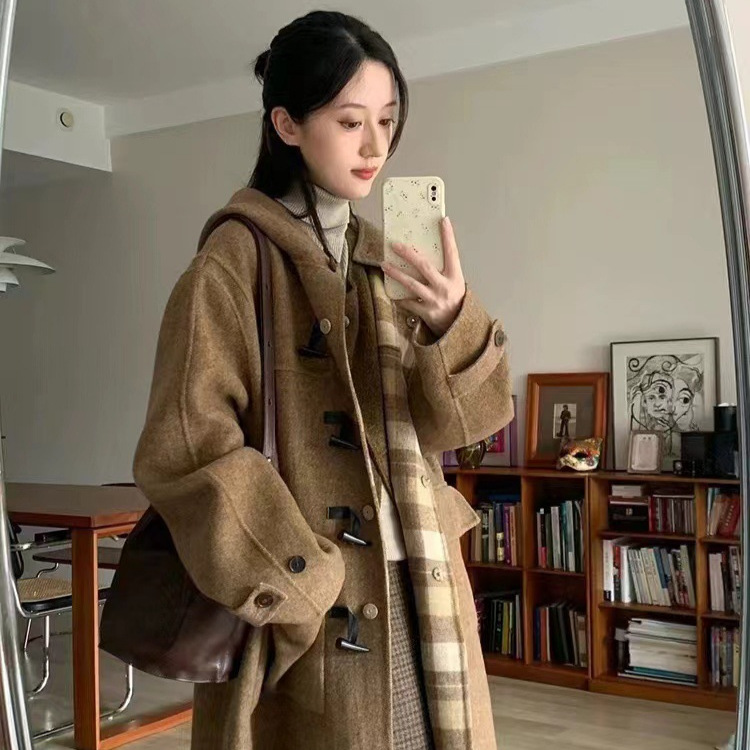 Han Xi Retro Plaid Double-Sided Wool Coat Women's High-end Sense Duffle Button Double-Sided Loose Hooded Wool Coat
