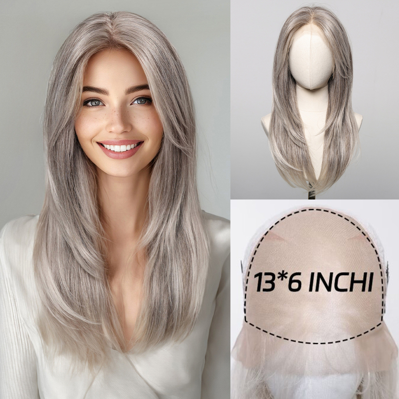 Estilo europeo y americano transfronterizo 13*6 peluca de encaje de gran superficie flequillo de ocho caracteres femenino degradado abuela gris pereza pereza cubierta completa