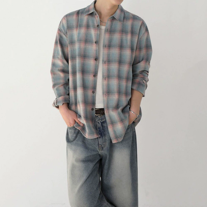 MYQ контрастная клетчатая рубашка с длинными рукавами для мужчин осенью ленивый стиль повседневная рубашка корейская модная рубашка с отворотом
