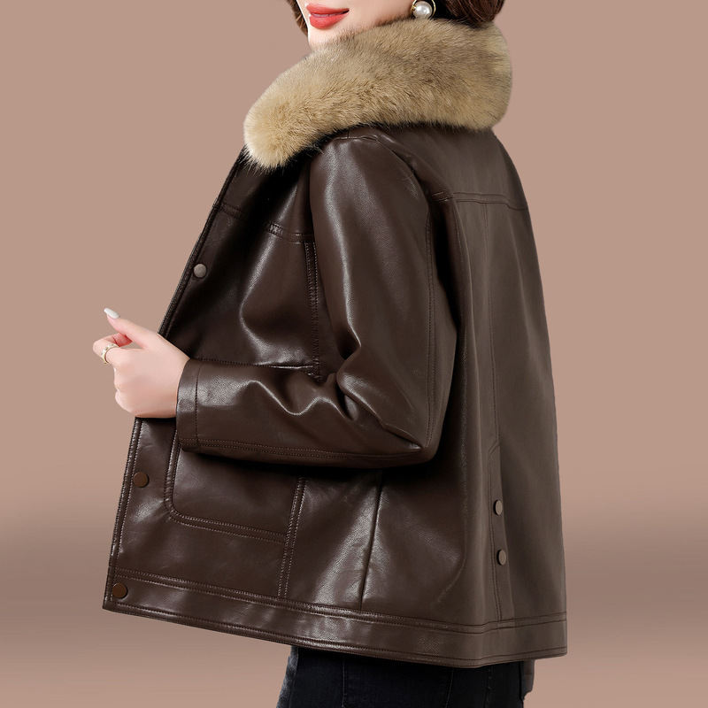 Fleece-Lined Leather Jacket for Women, Autumn/Winter 2026 New Style, High-End Pu Leather Jacket, Stylish Short Coat with Turn-Down Collar for Moms Fleece-Lined Leather Jacket for Women, Autumn/Winter 2026 New Style, High-End Pu Leather Jacket, Stylish Short Coat with Turn-Down Collar for Moms