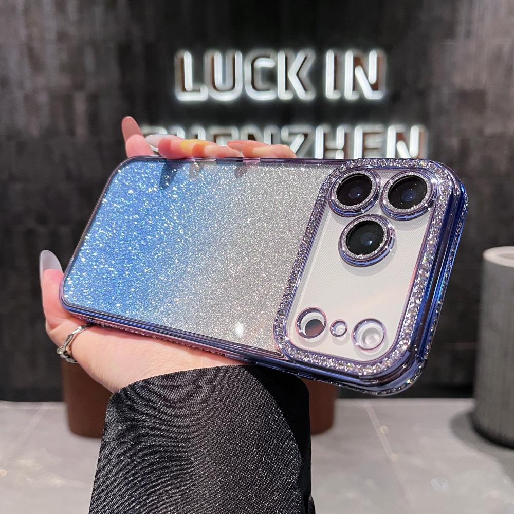 Adatto per iPhone 17 Pro Max con bordi quadrati impreziositi da diamanti, custodia glitterata sfumata per 16 Pro, 14/13, chiaro_voghion.com