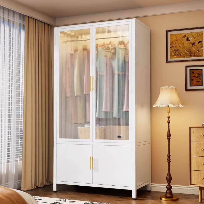 Steel Wardrobe Storage Cabinet, Household Storage Rack, Simple Assembly Dust-Proof Storage Cabinet for Rental Housing, Children's Wardrobe