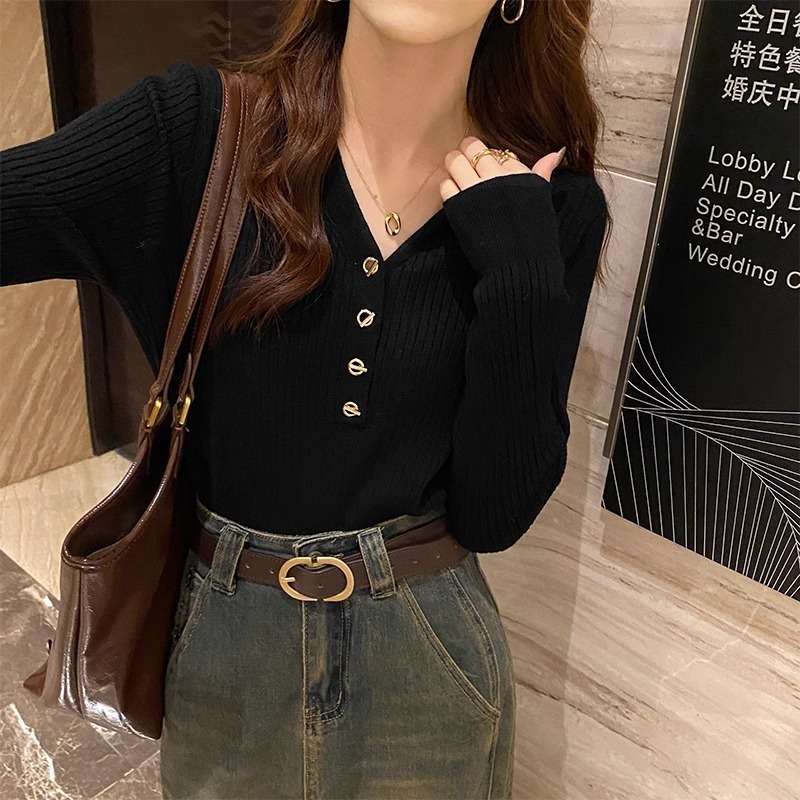 韩版ins风v领打底针织衫毛衣女秋冬季软糯坑条内搭高级感洋气上衣|undefined