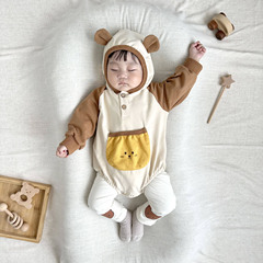 24春季新款韓版嬰兒衣服ins風小熊造型貼袋哈衣嬰兒連體衣套裝