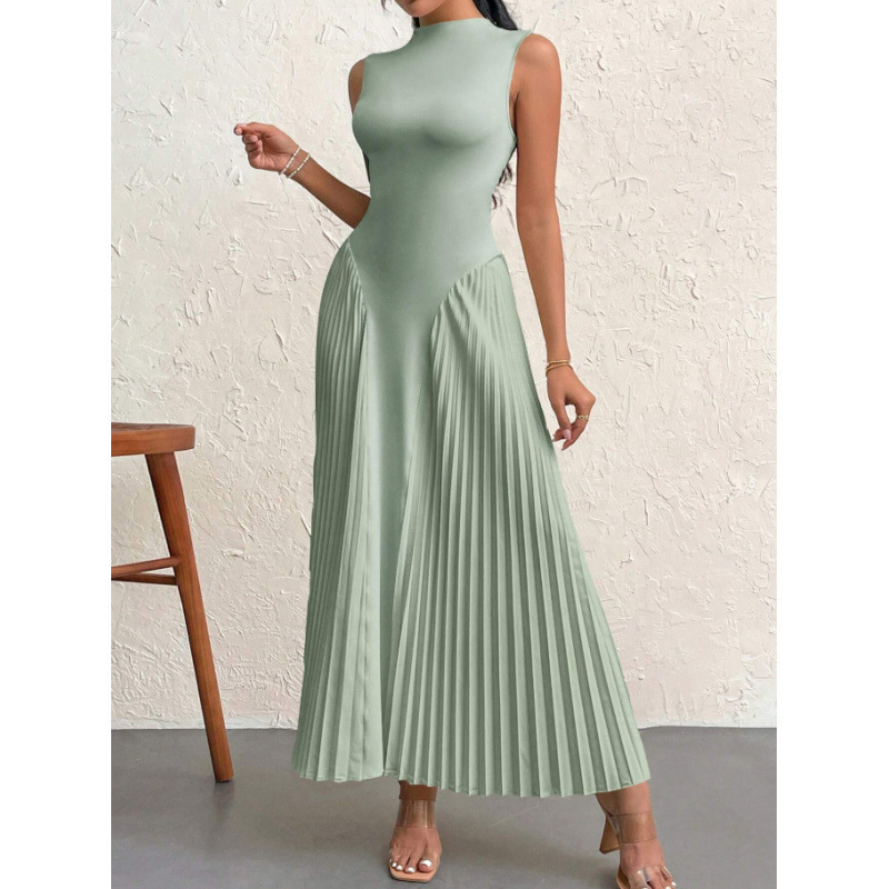 2025 New Summer Cross-Border European and American Style Pleated Splicing Long Skirt Elegant Sleeveless Slim Dress Party Dress