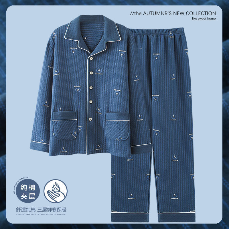 El otoño y el invierno 100% algodón espesado pijamas de los hombres de invierno capa intermediaria traje de primavera y otoño de algodón de aire desgaste del hogar