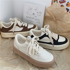 2022秋冬季皮面帆布鞋女韓版休閒運動學生女鞋平底港風小白鞋代發