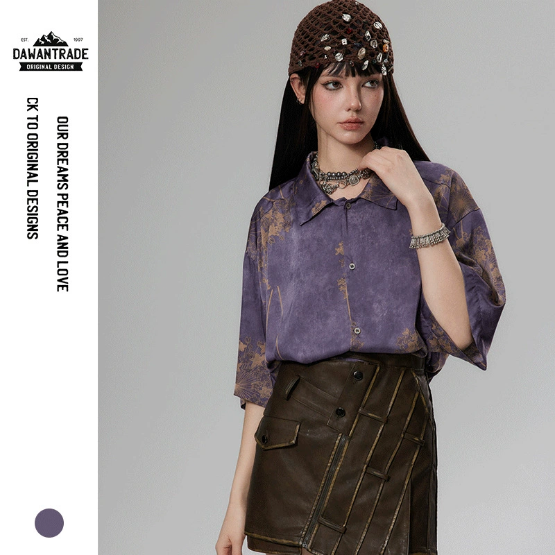 Фиолетовая летняя рубашка с коротким рукавом oversize