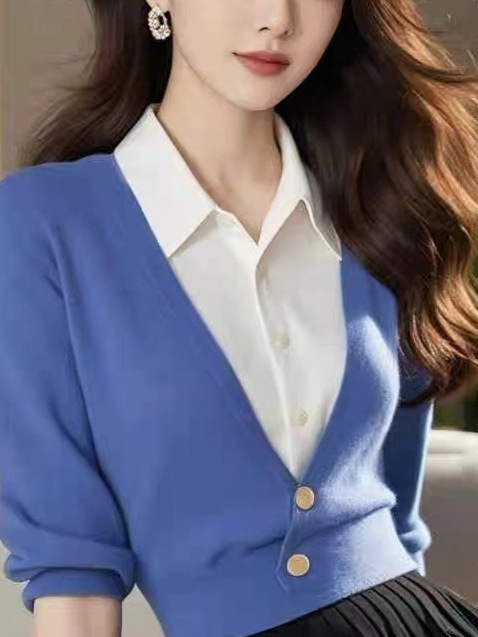 蓝色假两件针织上衣女高级设计感小众气质高端小香风内搭毛衣秋冬|undefined