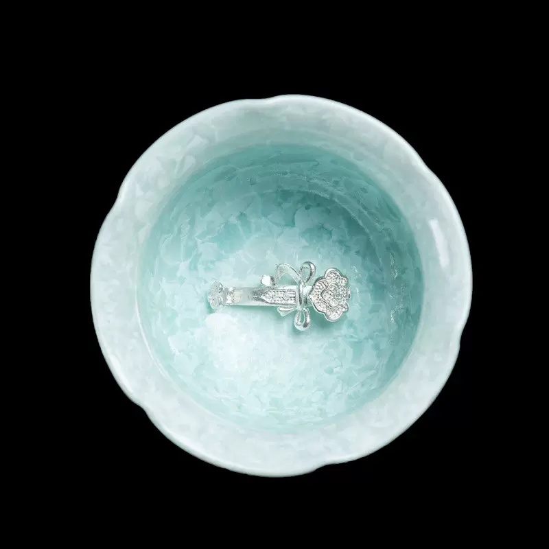 宋朴苏扬烨大师绿色结晶釉冰花主人杯品茗杯嵌银花口杯伴手礼盒装