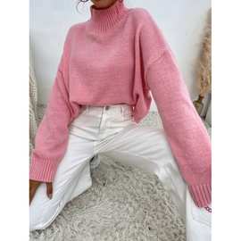 2023秋冬新款外贸亚马逊ebay速卖通百搭中领粉色毛衣套头针织衫女