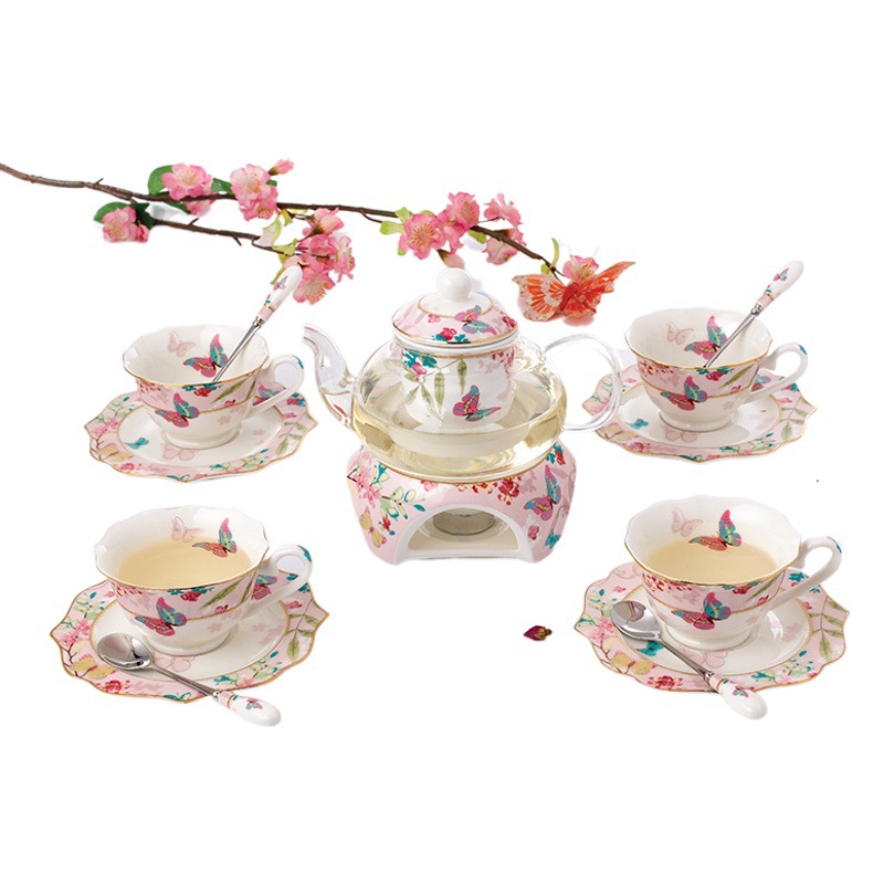 European Style Household Ceramic Candle Heating Thickened Glass Afternoon Tea Flower Tea Pot Tea Cup Fruit Scented Tea Tea Set