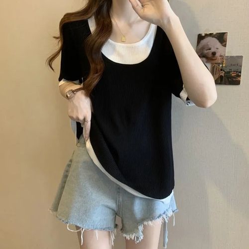 Plus-size ribbed mid-length short-sleeve T-shirt for women: Loose, figure-flattering design with fabric-matching color-blocking and a mock-two-piece effect—perfect for summer.