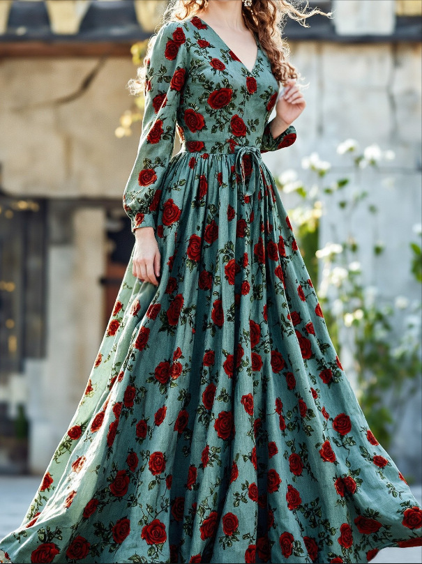 Women's Retro Elegant Slimming Printed Dress V Neck Long Sleeve Charming Fashionable_ecoleips.com