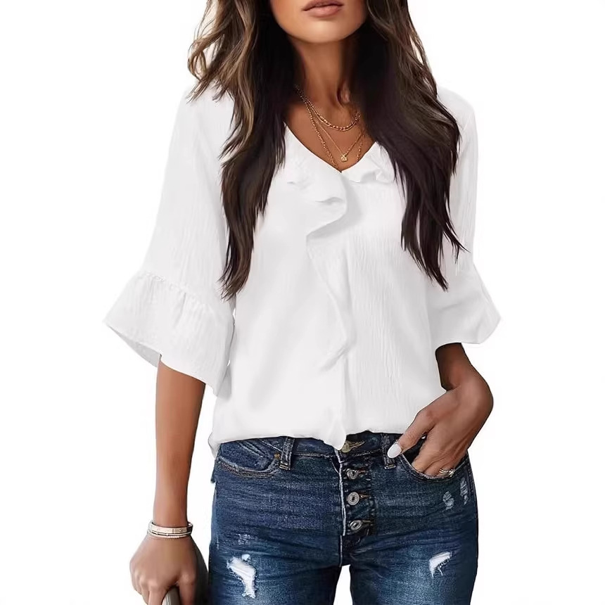 Women's V-Neck Ruffle Blouse With Flutter Sleeves, Flowy Cold Silk Relaxed Top For Elegant Casual Wear_voghion.com