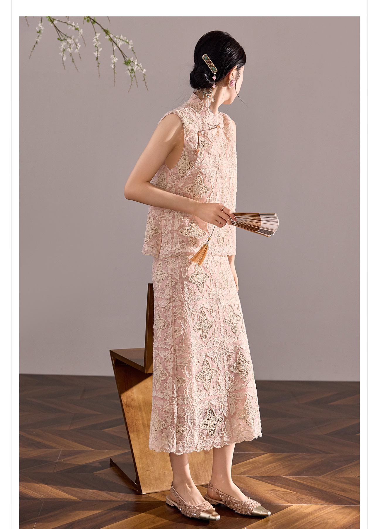 Set áo vest và chân váy ren thêu hoa phong cách Trung Hoa mùa hè — nửa váy, Trang chủ chi tiết 15