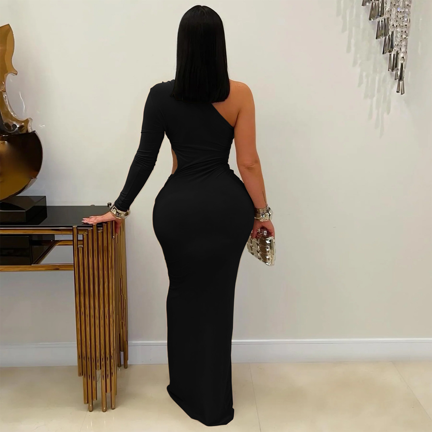 C7543 Aliexpress transfronterizo Amazon Europa y América moda de mujer sexy de hombro inclinado de manga única delgada vestido de color sólido image 5