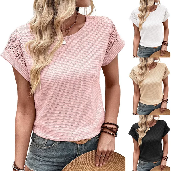 2026 New Cross-Border European and American Amazon Summer Women's Round Neck Waffle Knitted Lace Cut Out Short-Sleeved T-Shirt