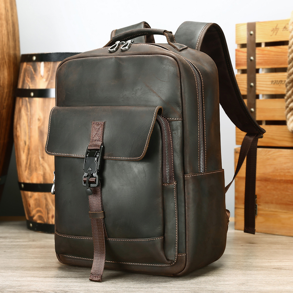 Ba lô nam da bò cao cấp phong cách phẳng 14 inch, da ngựa điên, sức chứa lớn — Màu cà phê