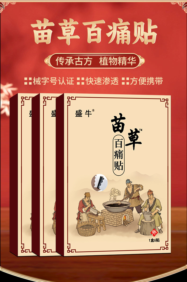 Miao Cao Bai Tong Gao Far Infrared Herbal Pain Relief Patch 6 Patches Per Box specifications