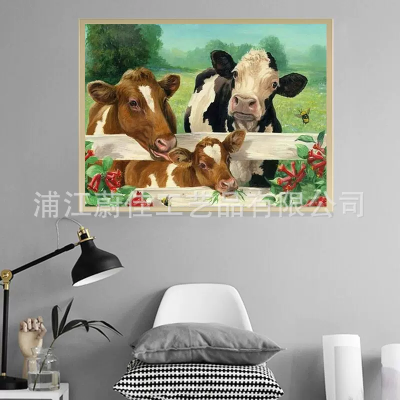 跨境新款5d钻石画diy满钻绣奶牛一家 家居装饰画厂家批发外贸货源