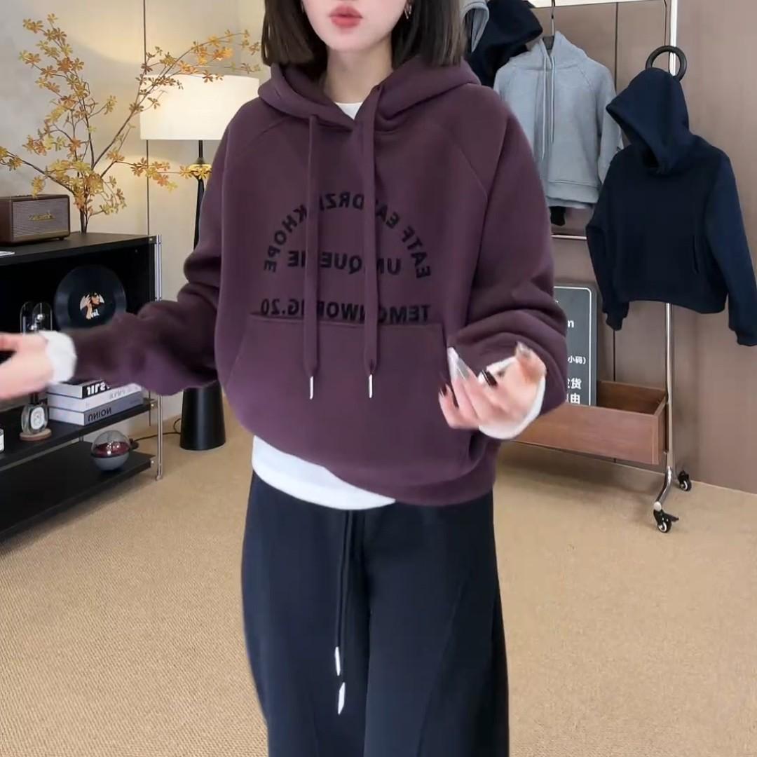 기모 조커 퍼플 후드 땀 플러스 사이즈 여성의 2024 가을 | 겨울 새로운 통통녀 느슨한 슬림 긴 소매 탑