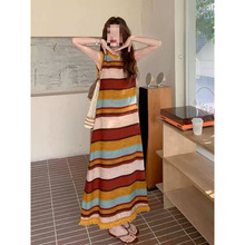 2025彩色条纹无袖背心连衣裙女夏季新款慵懒风宽松气质度假风长裙
