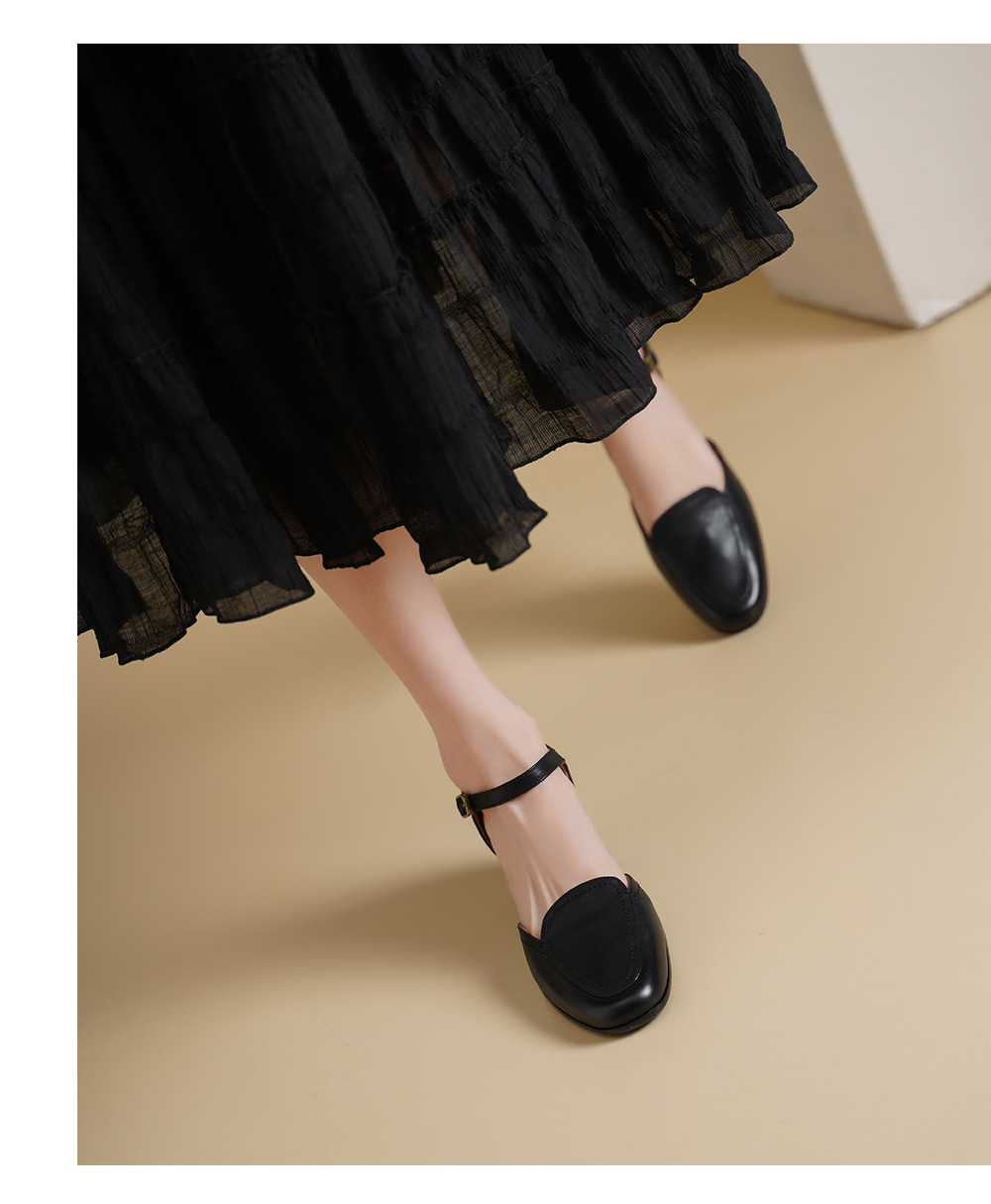 Giày sandal cao gót nữ quai ngang mũi vuông gót 5 cm kiểu Mary Jane — đen chi tiết 9