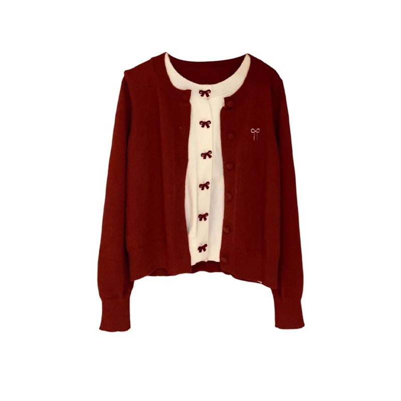 New Year Christmas Red Fake Two-piece Sweater Women's Winter New plus size Cardigan Top Stitching Contrast Color Knitwear