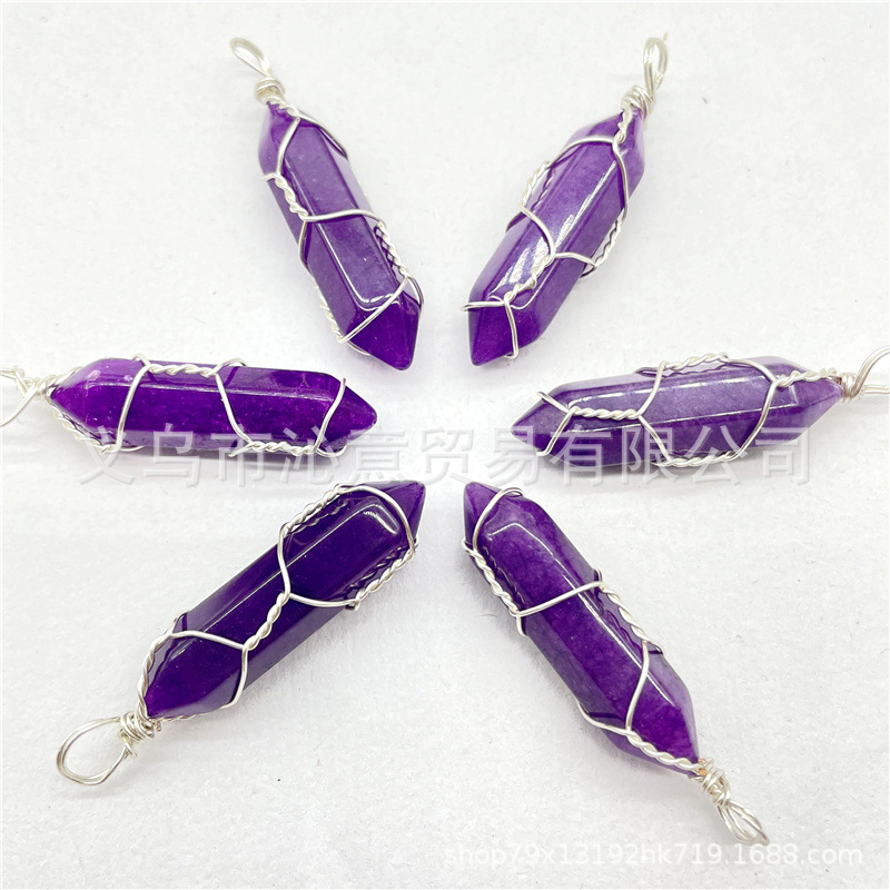 Comercio exterior caliente bobina hexagonal columna colgante collar de cristal natural hecho a mano de plata hilo bala joyería al por mayor