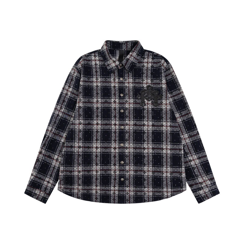 正しいバージョン 24 クロスボーダー Chrome Hearts 秋冬新作フルダイヤモンド胸レザーチェック柄シャツ|undefined